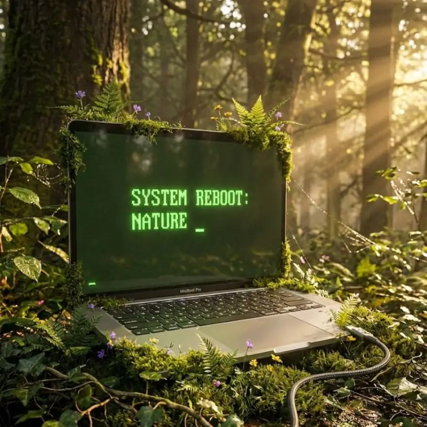 A laptop on a mossy forest floor, overgrown with ferns and wildflowers, its screen reading SYSTEM REBOOT: NATURE